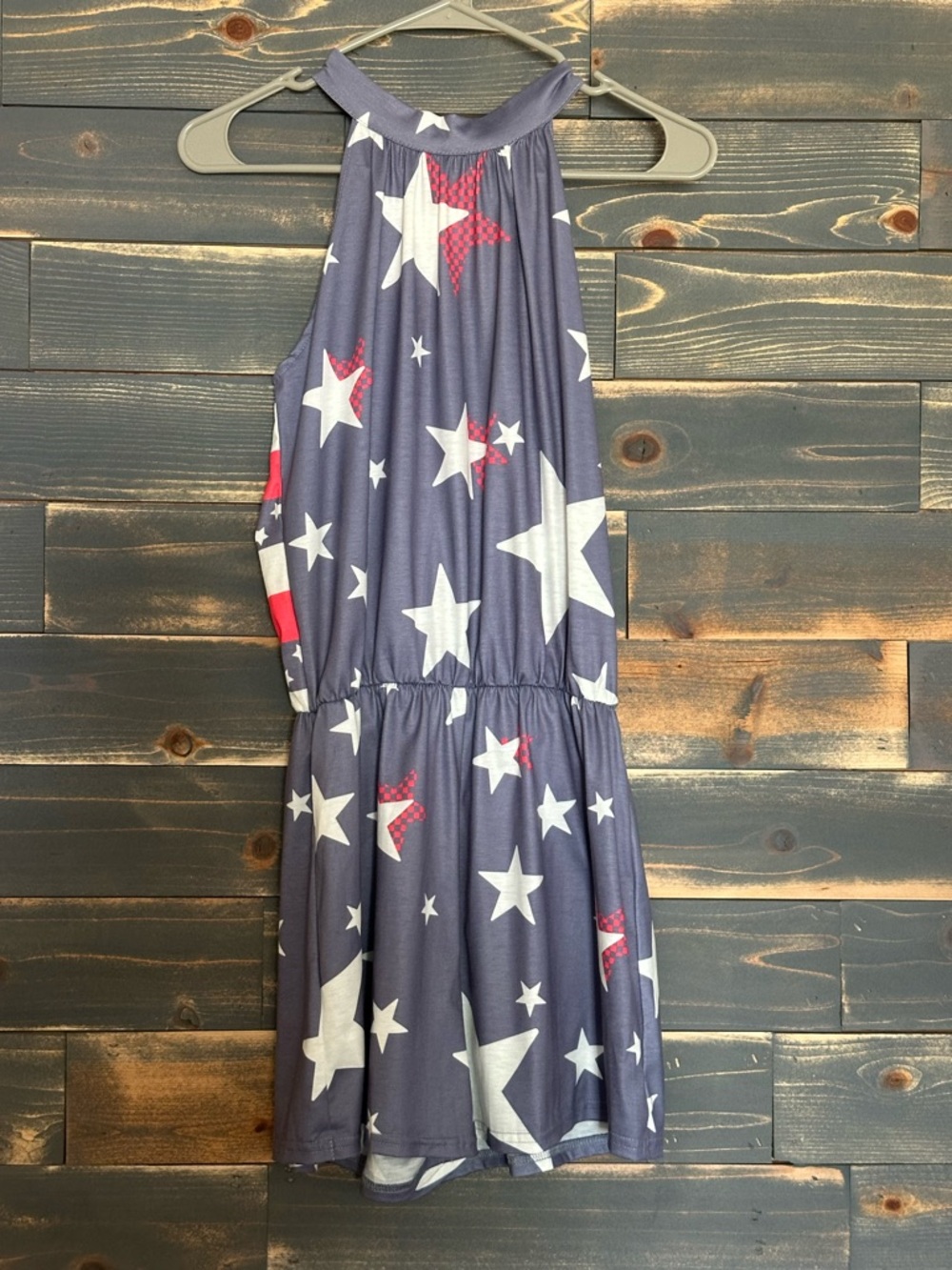 Sleeveless Star-Print Halter Romper - Navy with White & Red Stars